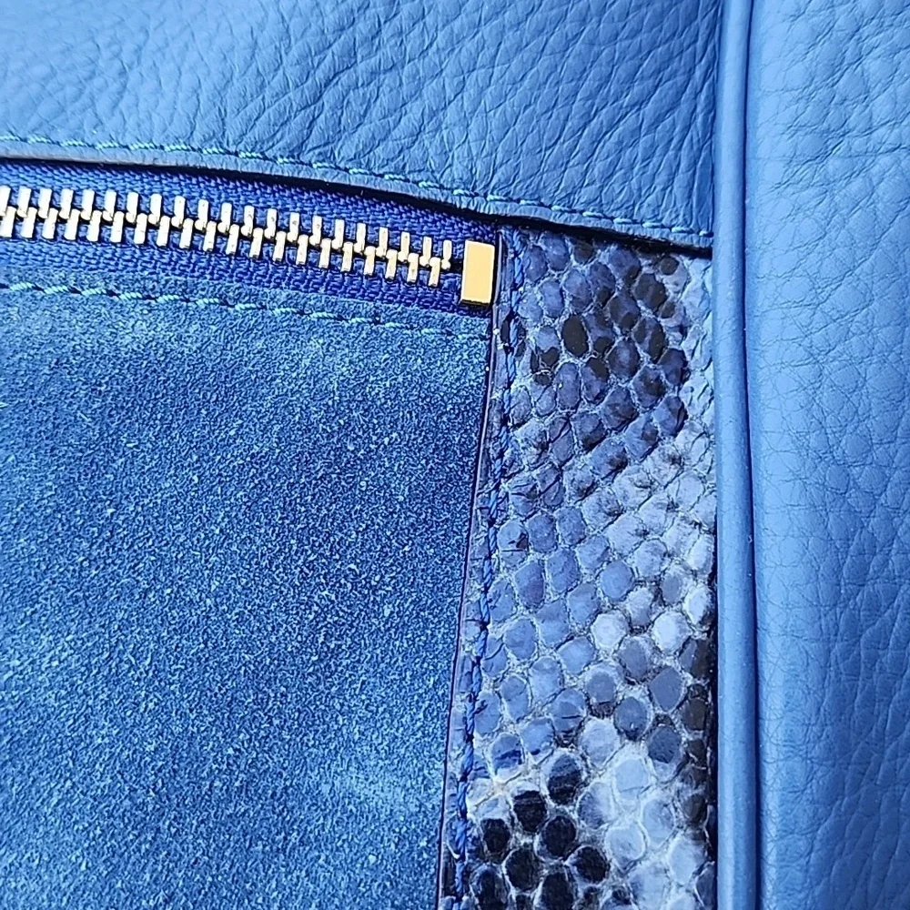 KATE SPADE blue Pebble Leather Suede Snakeskin detail top handle satchel bag